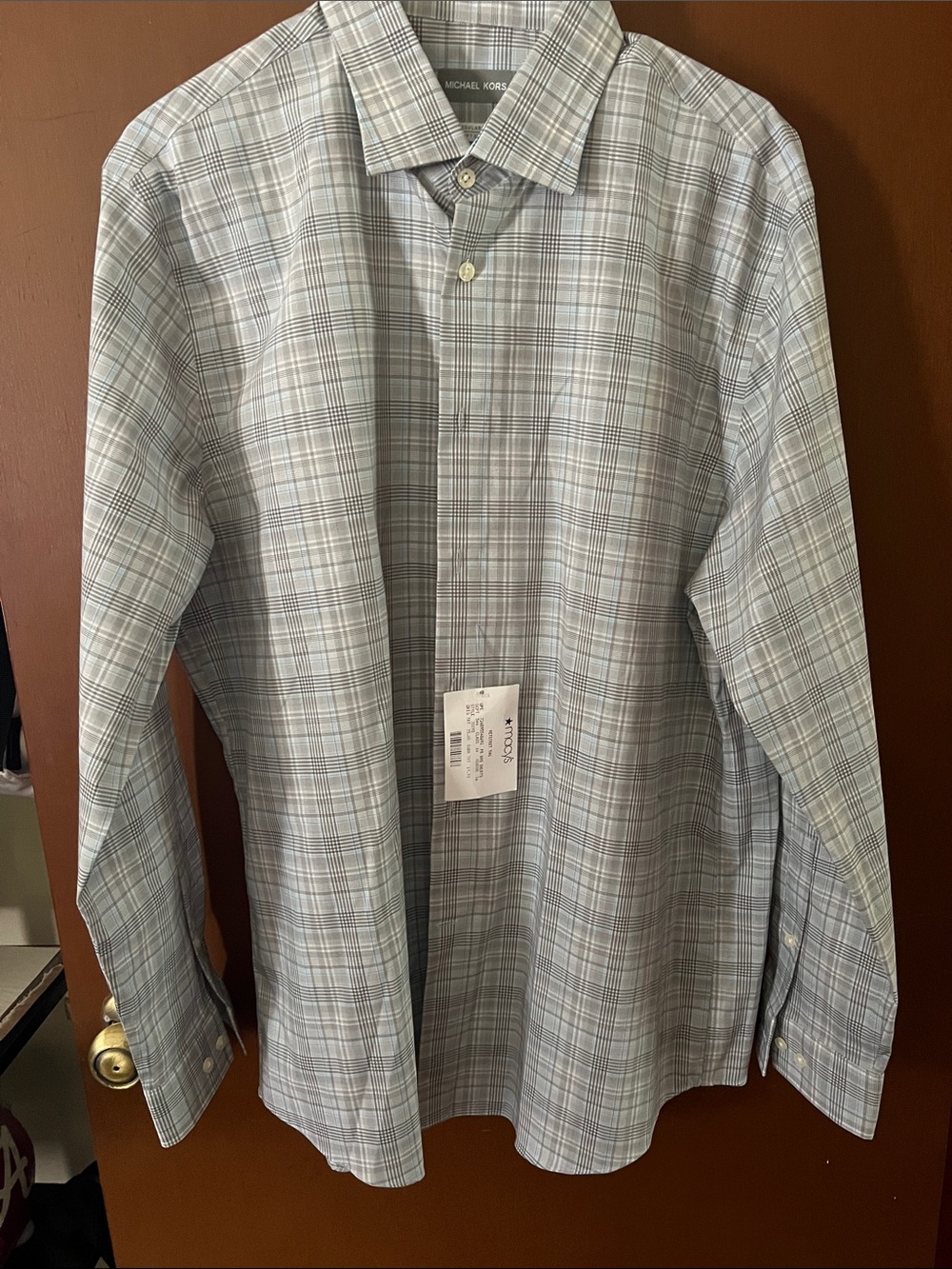 Michael Kors Men's Light Blue and Gray Plaid Dress Shirt